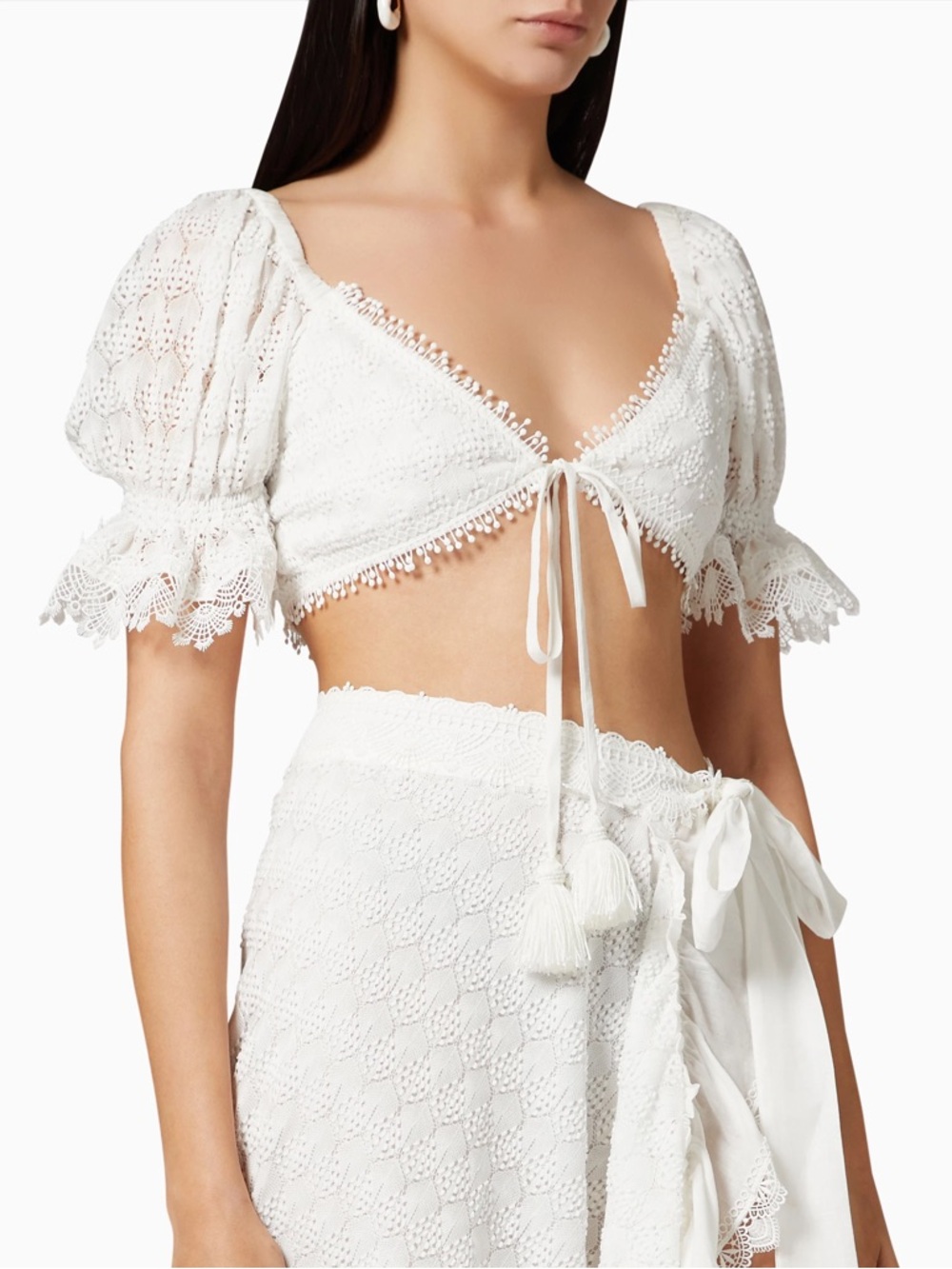 WAIMARI Janeiro Cropped Guipure Lace-Trimmed Crochet-Knit Top in White - S